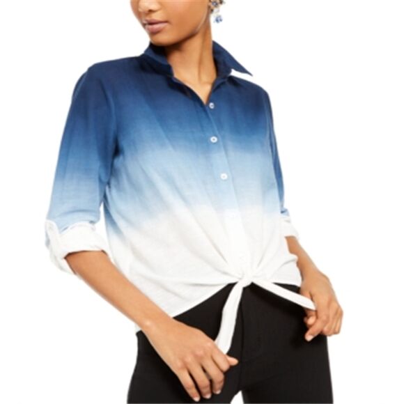 INC International Concepts Navy Blue Ombre Dip Dye Tie Front Shirt Size XL - Picture 1 of 13